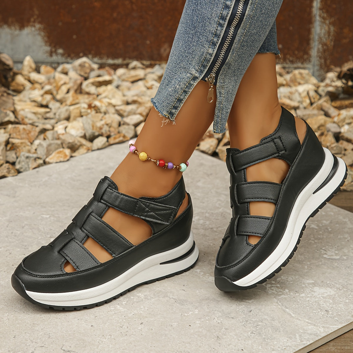 A Pair of Women's Wedge Sandals with Hidden Height Increase, Fashionable and Versatile Casual Sneakers, Women Shoes