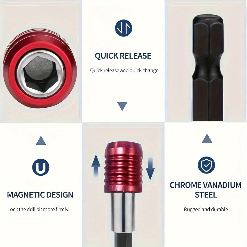 11.8" Durable Chrome Vanadium Steel Extra-Long Magnetic Hex Drill Bit Holder - Quick Release, 1/4" Shank Extension for Hard-to-Reach Areas