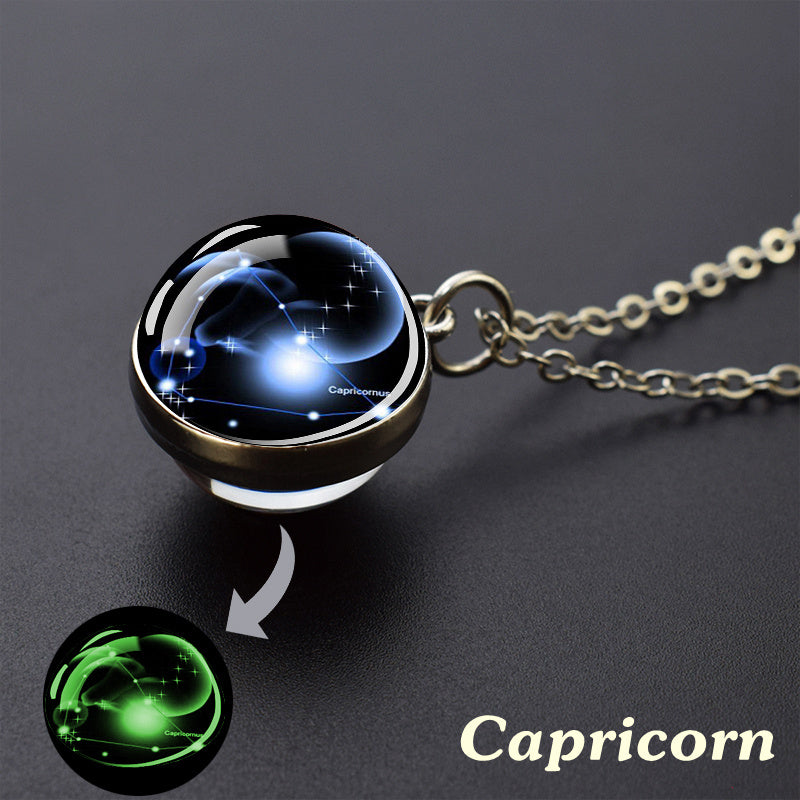12 Constellation Necklace Starry Sky Luminous Zodiac Glass Ball Pendant Necklace Christmas Gift Glow in The Dark