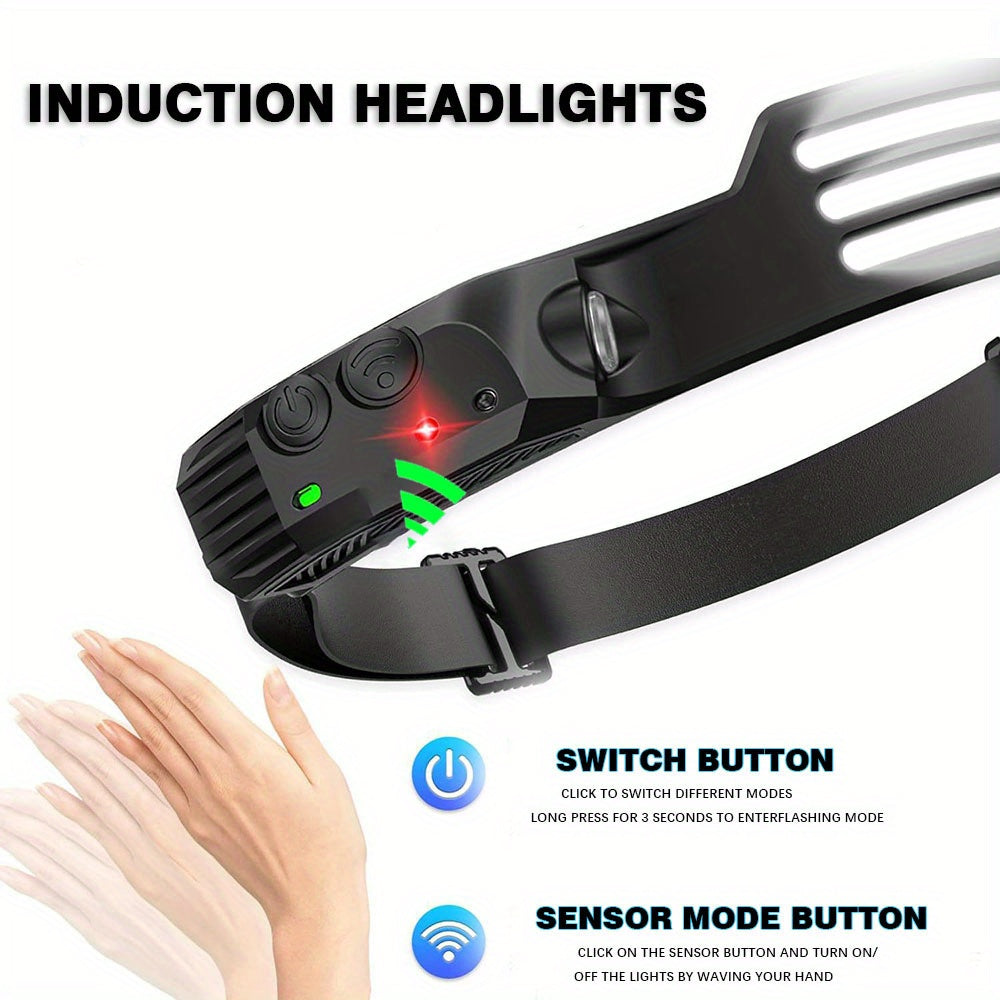 1pc LED+COB USB Rechargeable Headlamp with Motion Sensors, Suitable for Climbing, Featuring 1/2/3 Headbands, Ideal for Running, Fishing, Camping, Hiking, And As a Portable Emergency Work Light