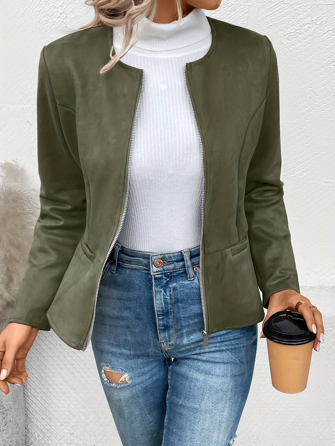 Solid Zip Up Jacket, Casual Long Sleeve Crew Neck Outerwear For Spring & Fall - Women's Clothing - Lightweight & Comfortable - Suitable for Everyday Wear - Perfect Gift for Women