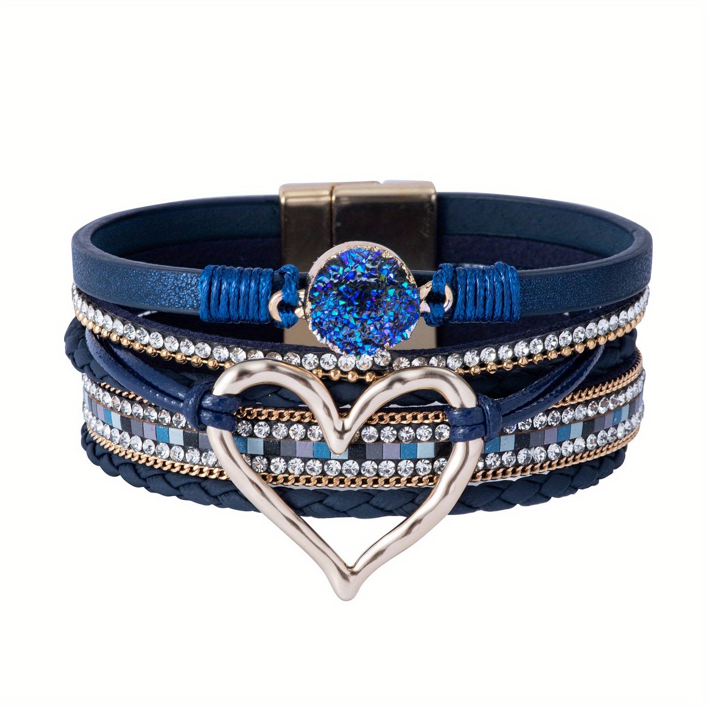 Bohemian Multi-Layer Imitate Faux Leather Bracelet Hand-Woven Bracelet Golden Big Heart Ladies Fashion Bracelet