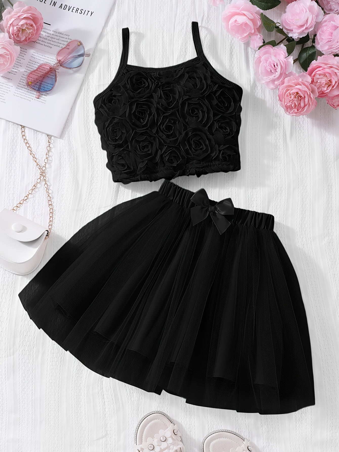 ' Stylish Floral Top with Straps And a Tulle Skirt Two-Piece Set for Spring And Summer