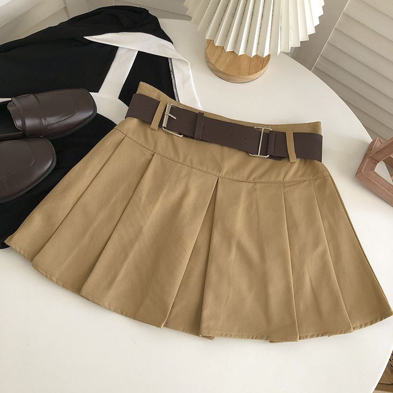 With belt high waist pleated skirt women's spring and summer 2025 new Korean version versatile anti-light khaki skirt