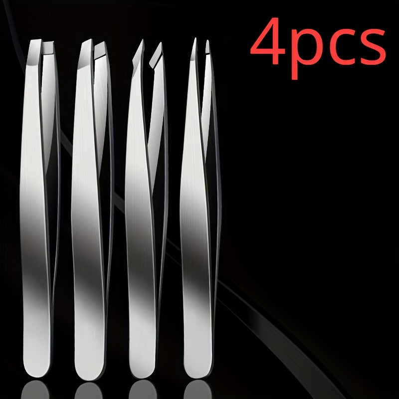 4pcs Stainless Steel Tweezers Set Eyebrow Splinter & Ingrown Hair Removal Tools with Storage Bag for Men & Women Eyebrow Grooming Tools