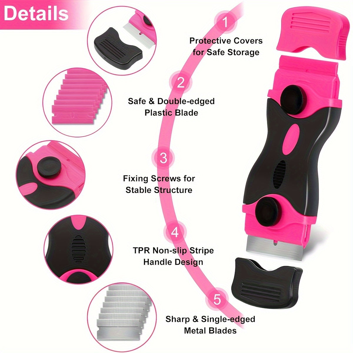 One Set, Adhesive Removal Scraper, Glass Scraper, 1 Pink Double-ended Scraper + 10 Metal Blades + 10 Plastic Blades, Car Film Application Tool, Scraper Tool Comes with 20 Razor Blades, for Windows, Cleaning, Stickers, Tinted Film, Decals