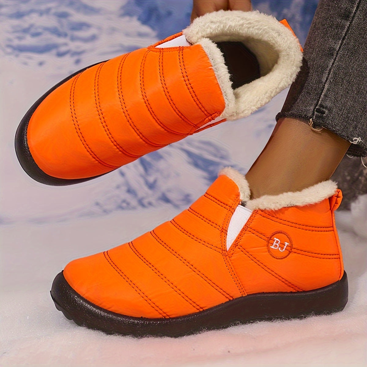 Women's Slip-On Winter Ankle Boots - Cozy Artificial Fur-Lined Interior, Non-Slip Sole, Navy Blue with Logo "B.J." - Warm Booties in Multiple Colors, Women Shoes