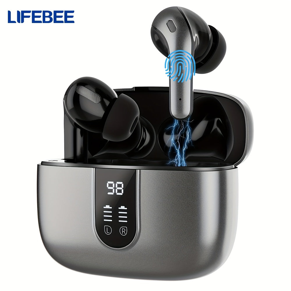 Wireless Earbuds with LED Power Display | 60H Playback, Wireless Charging Case, Noise Cancellation, Condenser Microphone, Touch Control, USB Type-C Charging, LIFEBEE