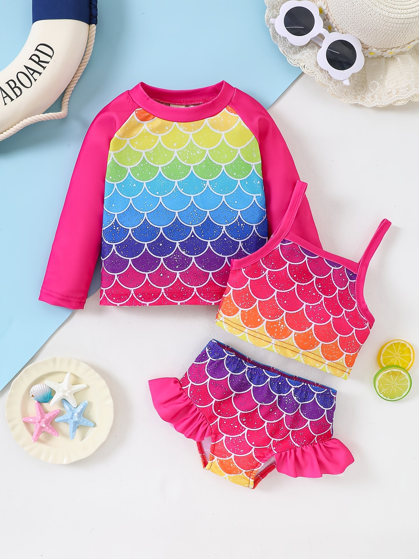 Girls' Fashion Swimsuit Set, Three-Piece Mermaid Rainbow Horse Rainbow Fish Scale, Cover-Up Camisole Shorts Bikini Split Set
