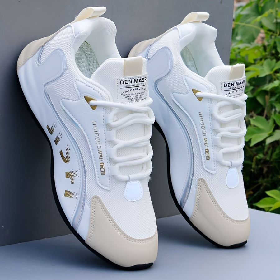 Men's Fashion Casual Sneakers - Breathable Mesh Upper, Anti-Slip Sole, Lace-Up "DENMAI" Design in White and Black with Golden Accents, All-Season Sneakers | Stylish Cross-Over Footwear