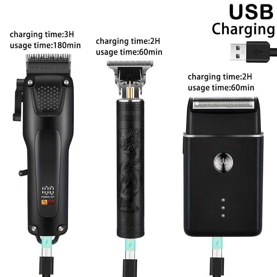 3pcs Men'S Professional Hair & Beard Grooming Kit - Cordless Clippers with LED Display, Precision Trimmer Set, USB Rechargeable, for Home Use, Perfect Holiday Gift