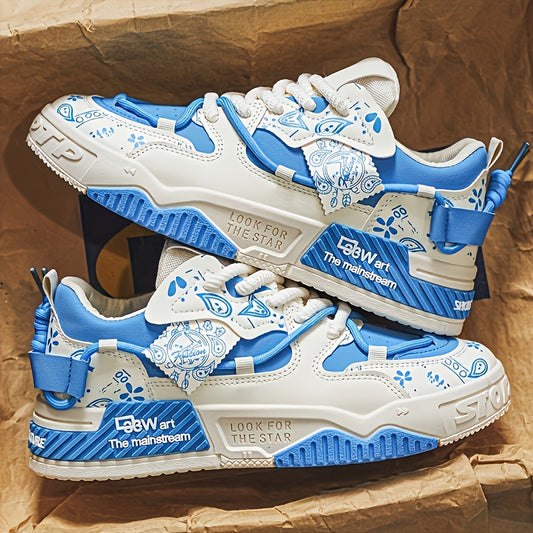 1 Pair Men's & Unisex Low-Top Skate Sneakers - Soft-Soled, Graffiti Camo & Letter Print (TPF/ST) Logo - PU Upper & Cushioned Tread - All-Season Casual Shoes for Skateboarding, College, Commuting - Black/Blue/Green