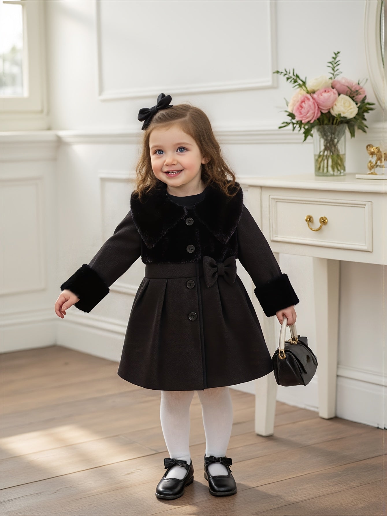 Girls' Valentine's Day Outfit, Girls' Autumn/Winter Irregular Plush Lapel Blend Bow Button Cardigan Coat, Suitable for Outings, Gifting, Back-to-School Season Apparel, Back-to-School Outfits, Back-to-School Small Gifts, Girls' Birthday Gift