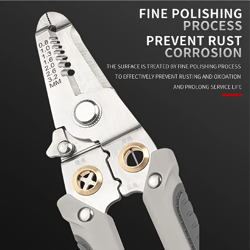 A Heavy-duty Multi-function Stainless Steel Pliers and Wire Stripper, Industrial-grade Electrician's Cutting Pliers for Wiring, Cutting, Stripping, Crimping, Clamping, Twisting, Nail Pulling, Metal Structures, Power Workers, and Household Use