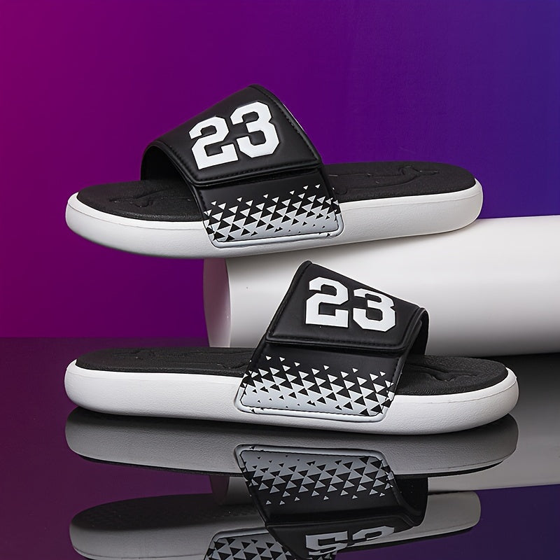 Men'S Sporty Slide Sandals with Number Emblem - Casual EVA Slip-Ons, Non-slip Sole, Summer Beach & Indoor Slippers, Breathable Open Toe Slides