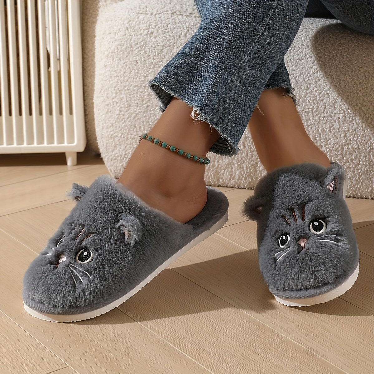 Women's Winter Indoor Home Plush Cat-Themed Warm Soft-Soled Couple's House Slippers, Floor Slippers for Men in Winter, Women Shoes