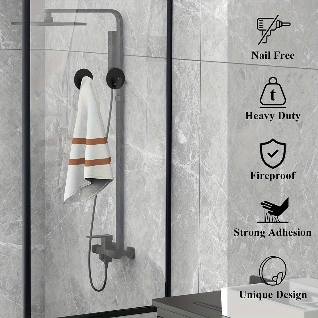 Modern Black Wall Hooks - Easy Install Adhesive Towel Hangers for Bathroom, Kitchen - Durable Robe, Clothes, Hat & Key Holders Bath/Bath Accessories