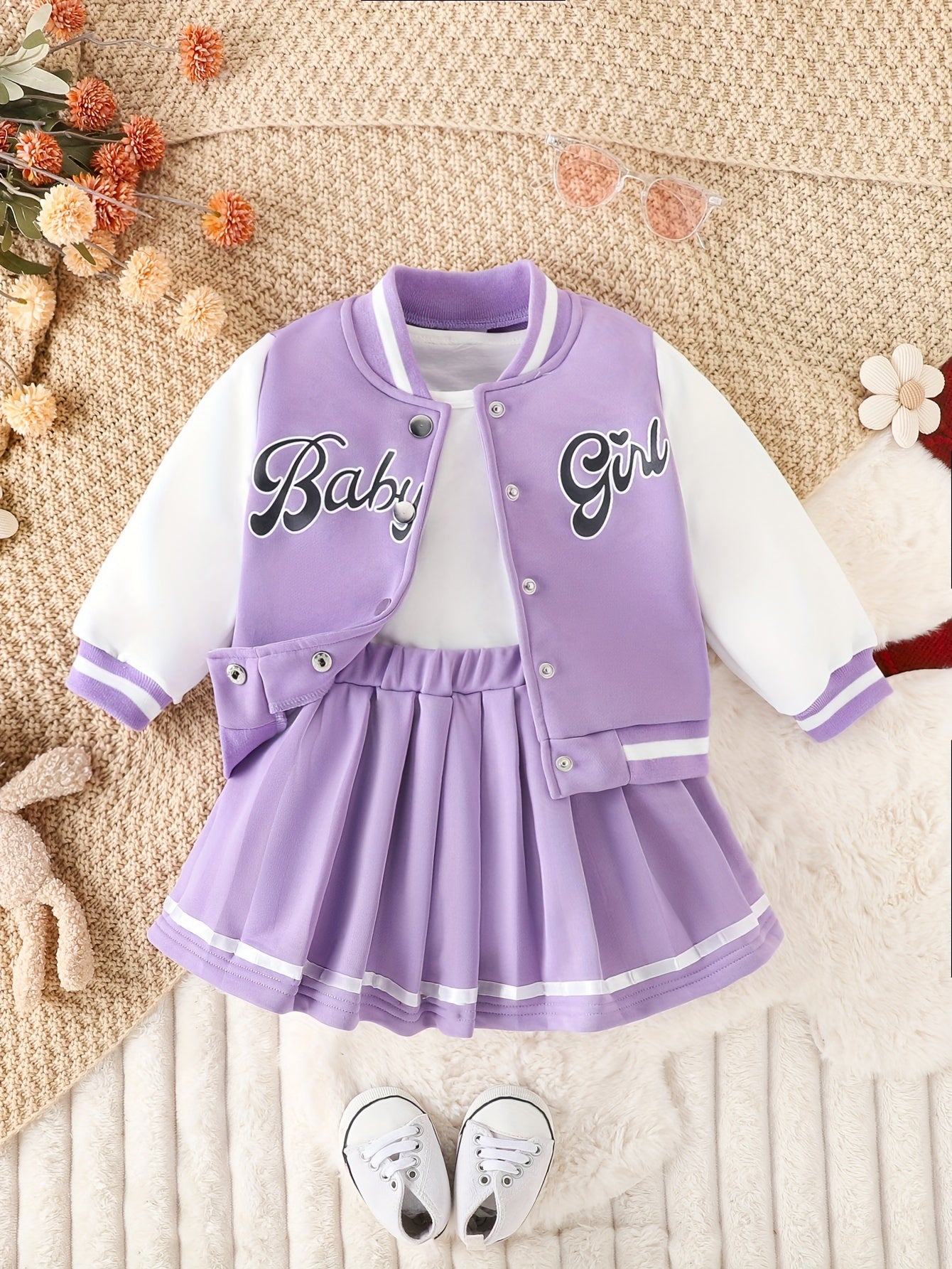 Girls' American-Style Patchwork Baseball Jacket And a Preppy-Style Skirt Set