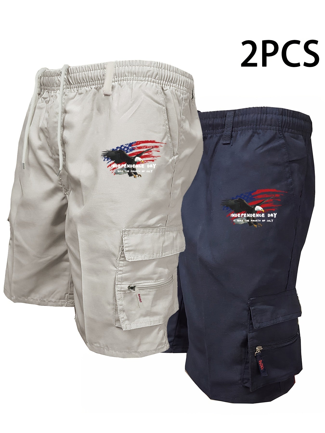 Men'S 2pcs Print Cargo Shorts Set with Zipper Pockets - Two-Piece American Flag & Eagle Design, Casual Sporty Style, Non-Stretch Fabric, Perfect for Independence Day Outfits