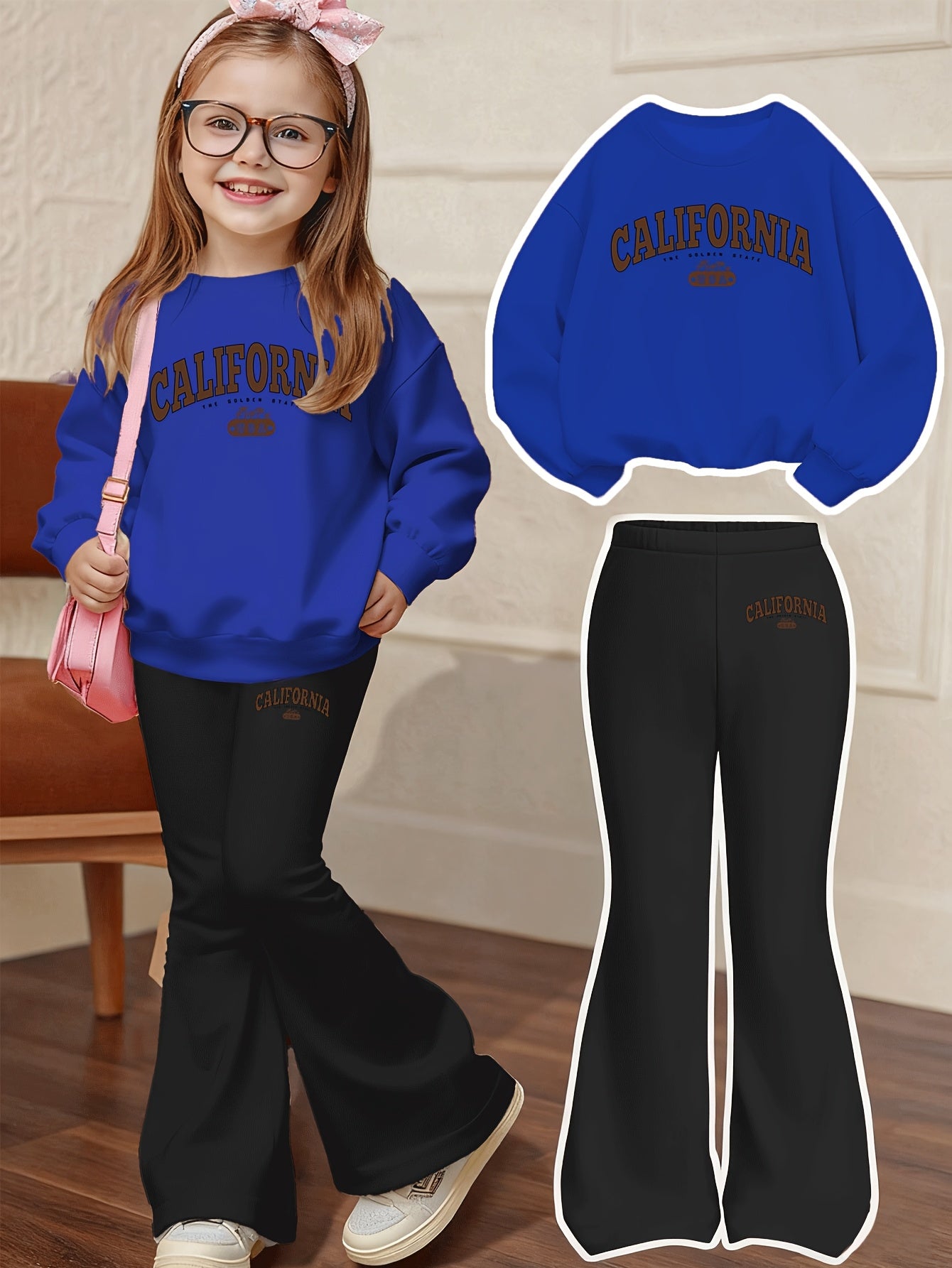 California Letter Print Casual Set, Including a Loose-fit Sweatshirt and Flared Pants, a 2pcs Set Suitable for Children Aged 4-13, Comfortable Autumn and Winter Clothing for Daily Wear and Casual Play. Suitable for Daily and Party Outfits, a 2pcs Set