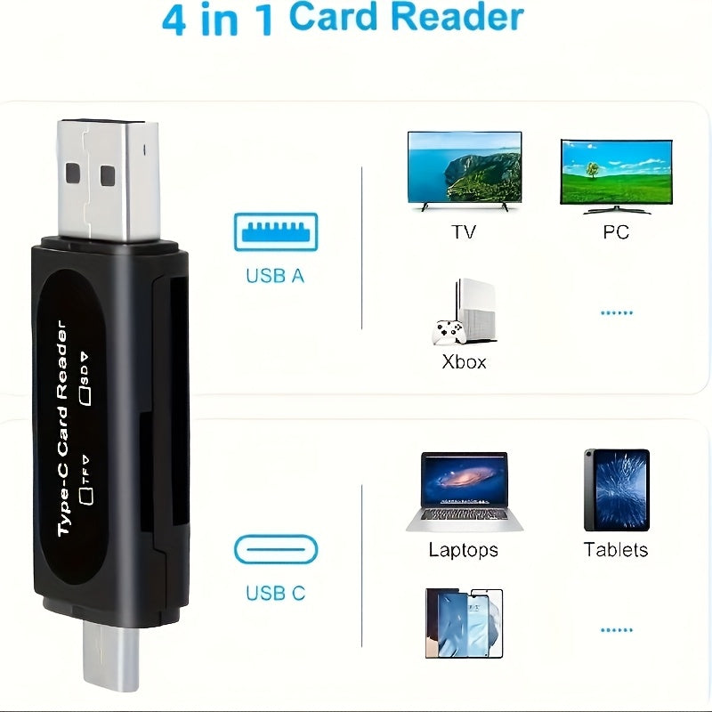 4-in-1 USB Mini SD Card Reader - Dual Card Slots, Type C/USB A Adapter for PC, MacBook, Galaxy, Tablet | Compact, No Battery Needed, Memory Card Expansion