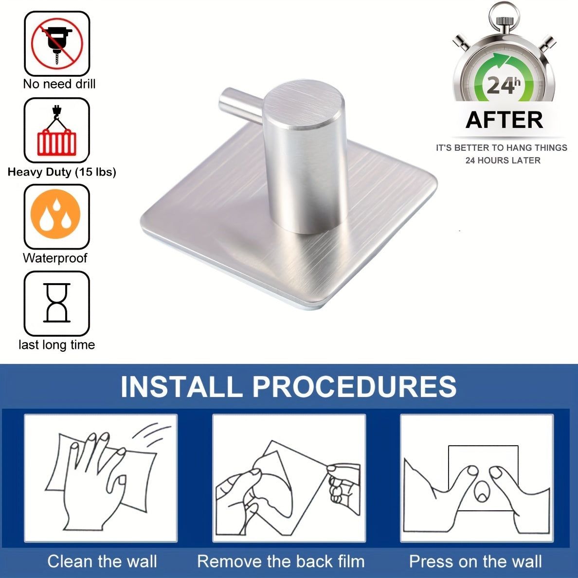 4-Pack Waterproof Stainless Steel Hooks | Heavy-Duty Adhesive Hooks For Coats, Hats, And Towels - Ideal For Bathroom And Bedroom Organization, Brushed End, Wall Mount