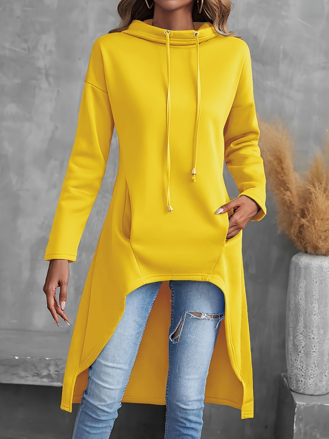 Long Sleeve Solid Color Drawstring Hoodie, Casual Hig-low Hoodie Sweatshirt for Women
