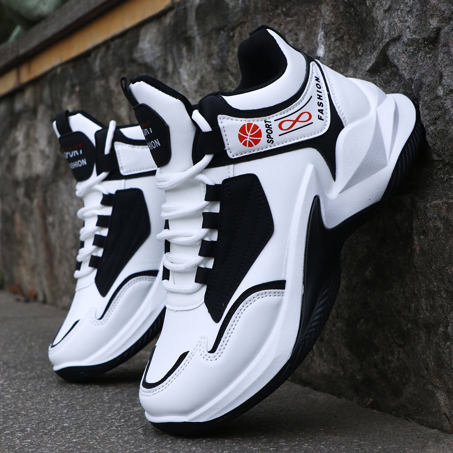 Men'S High-Top Sports Shoes, Lightweight Running Shoes with a Non-Slip Rubber Sole, Featuring a White And Red Color Scheme. Suitable for Gym Workouts, Walking, And Everyday Use Throughout The Year. These Lace-Up Fitness Shoes Have a High-Top Design