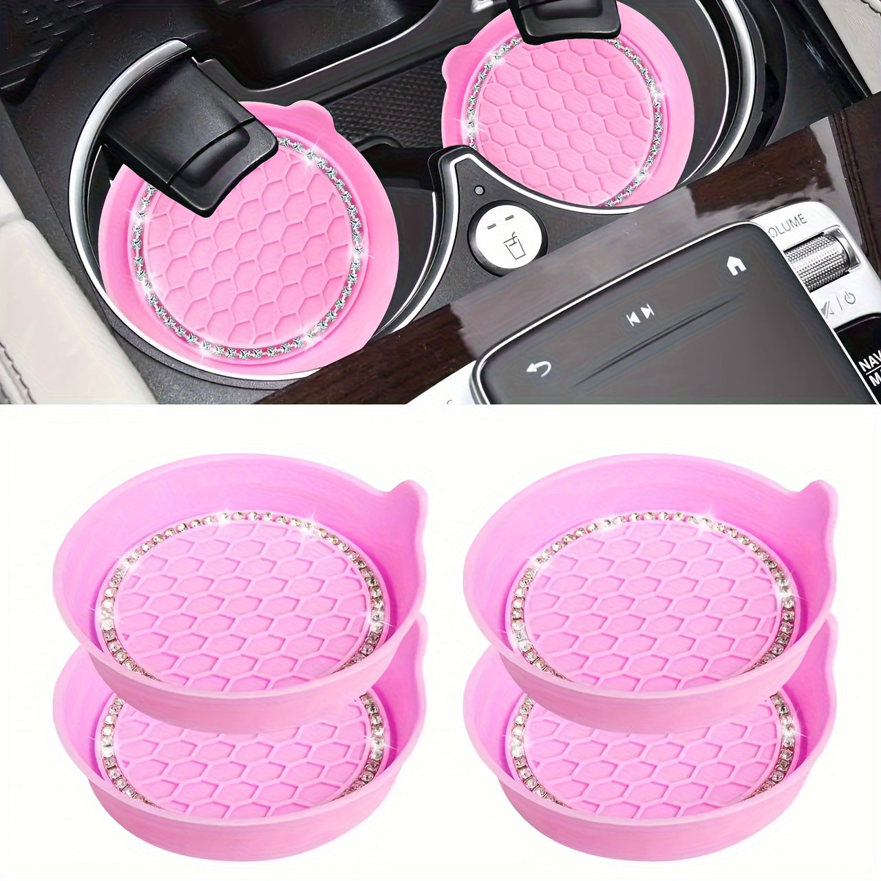 2PCS Silicone Car Cup Coasters with Non-Slip Rhinestone Design, Universal Vehicle Cup Holder Interior Accessories