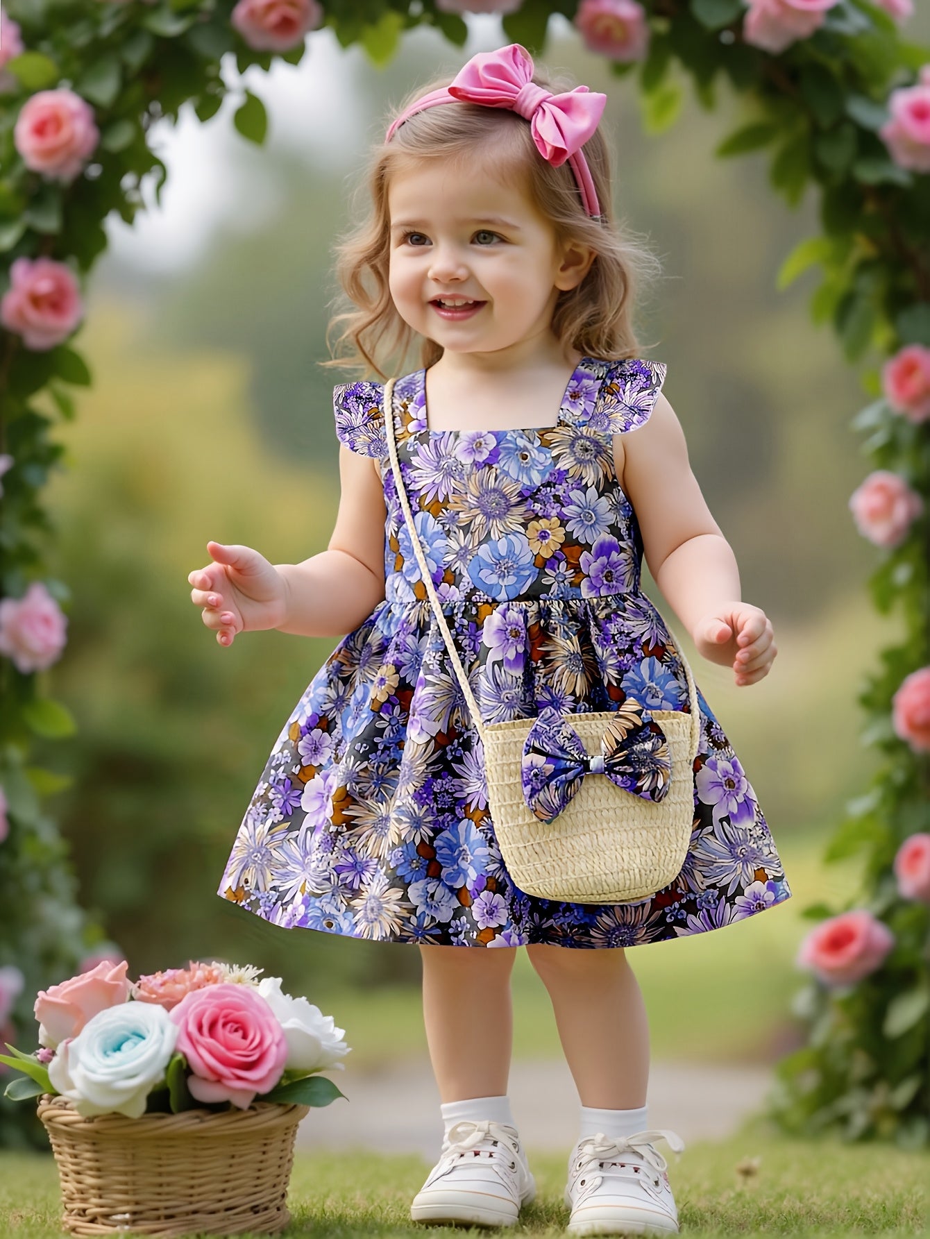 Girl's Floral Print Dress with Woven Straw Bag, Sweet and Cute Outdoor Outfit for Kids and Babies, Birthday and Holiday Gift for Children, Adorable Sweet Style Casual Outerwear for Little Girls, Breathable and Comfortable Stylish Children's Clothing