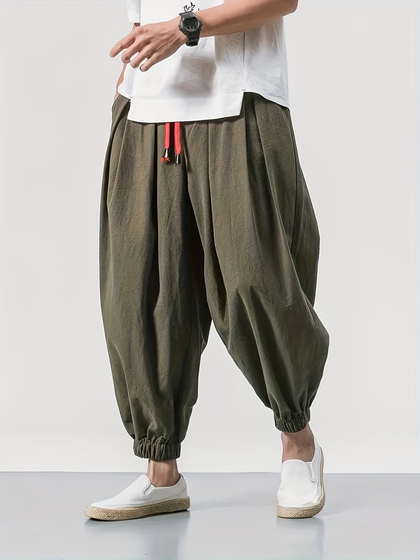 Men's Clothing, Men's Fashion Long Pants, Casual 100% Pure Material, Drawstring Hip-Hop Loose Pants, Outdoor