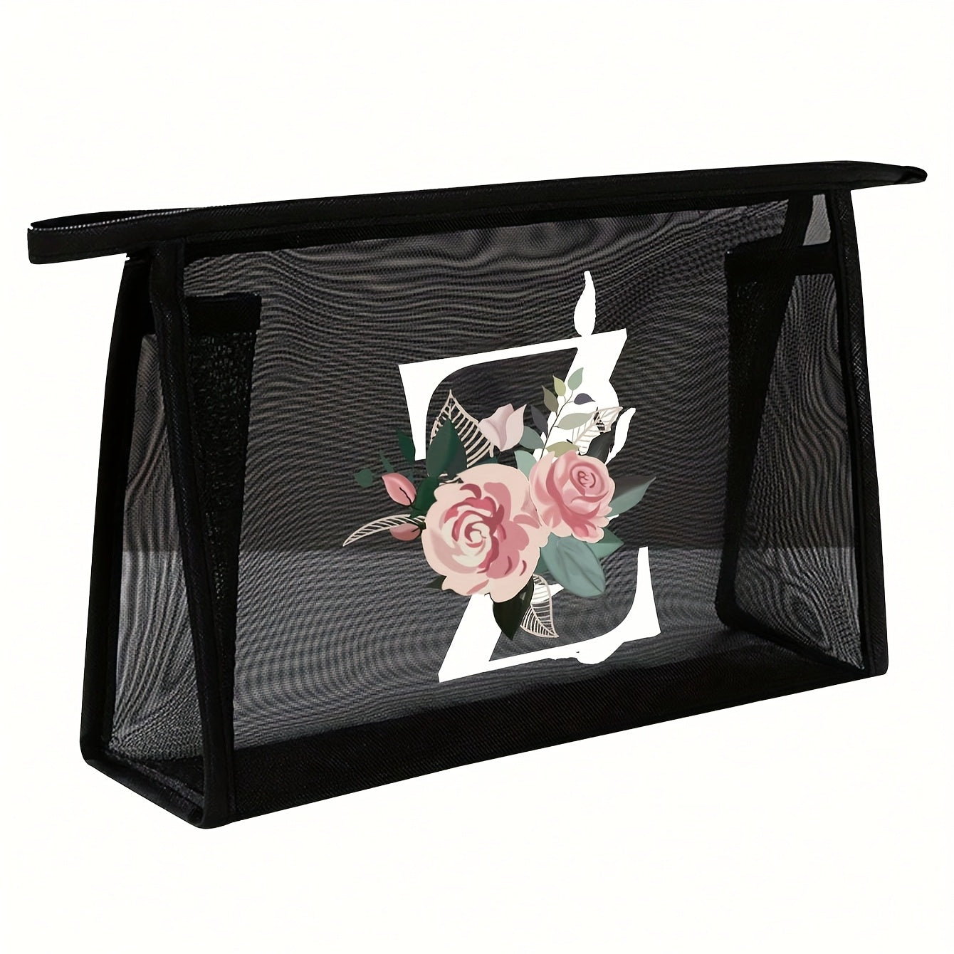 1pc Black Mesh Toiletries Storage Bag | Large Capacity Pink Flowers With White Letters A-Z, Transparent Mesh, Multi-Functional Travel Portable Bag, Lipstick Skin Care Storage, Easy And High-End, Jewelry Storage, Foldable And Lightweight