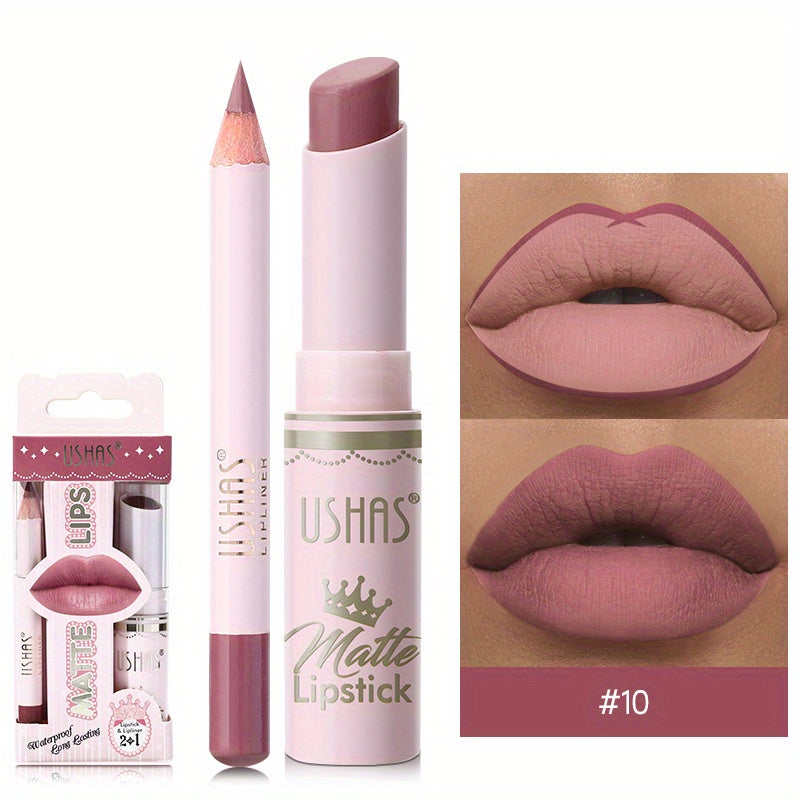 24 Hour Waterproof Velvet Matte Lipstick + Lip Liner - Nonstick Cup Lipgloss Lip Stain Pigmented Lip Makeup - Golden Box Nude Lipstick Valentine's Day Gifts
