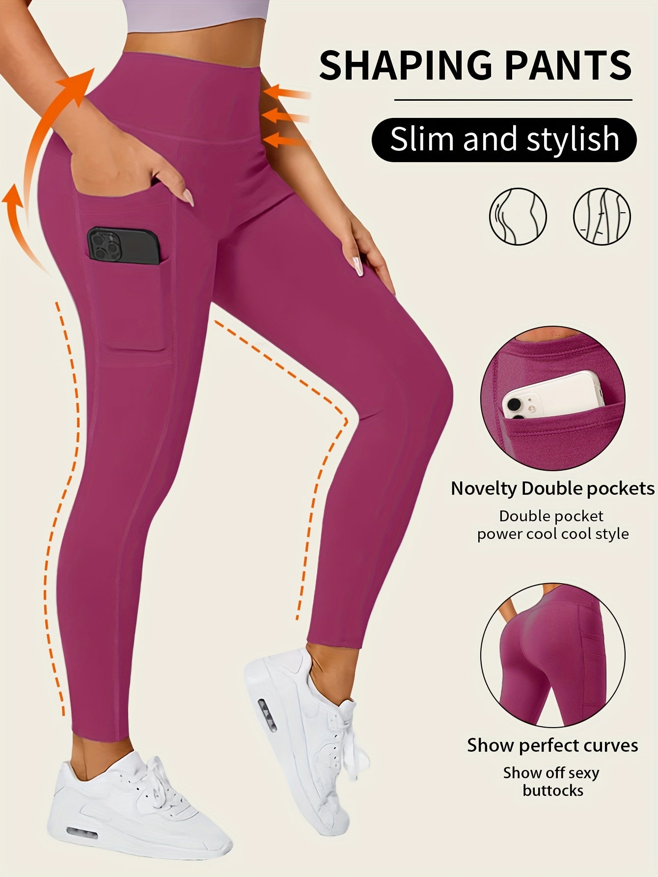 High-Waisted Leggings with Slim-Fit Double Pocket Design - All-Season Pants, Tummy Control & Butt-Lifting for,, Casual Wear - Hand Washable Stretchy Bottoms