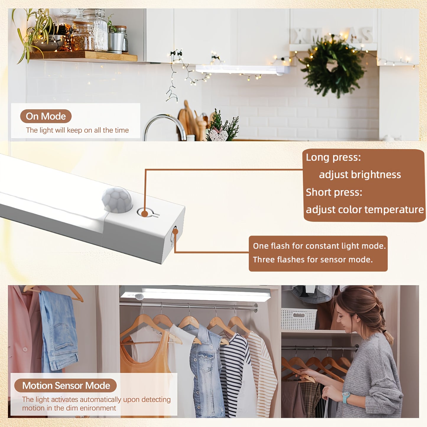 NBBUFF Motion-Activated LED Light Featuring Three Color Temperatures, Adjustable Brightness, a 360° Panoramic Human Sensor, And USB Rechargeable Capabilities. Ideal for Use in Bedrooms, Beside Beds, on Stairs, in Cabinets, And on Desks