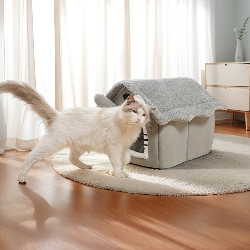 Cozy Pet House for Cats & Dogs - Detachable, Washable Winter Bed | Soft Polyester Cat Cave Nest with Classic Style
