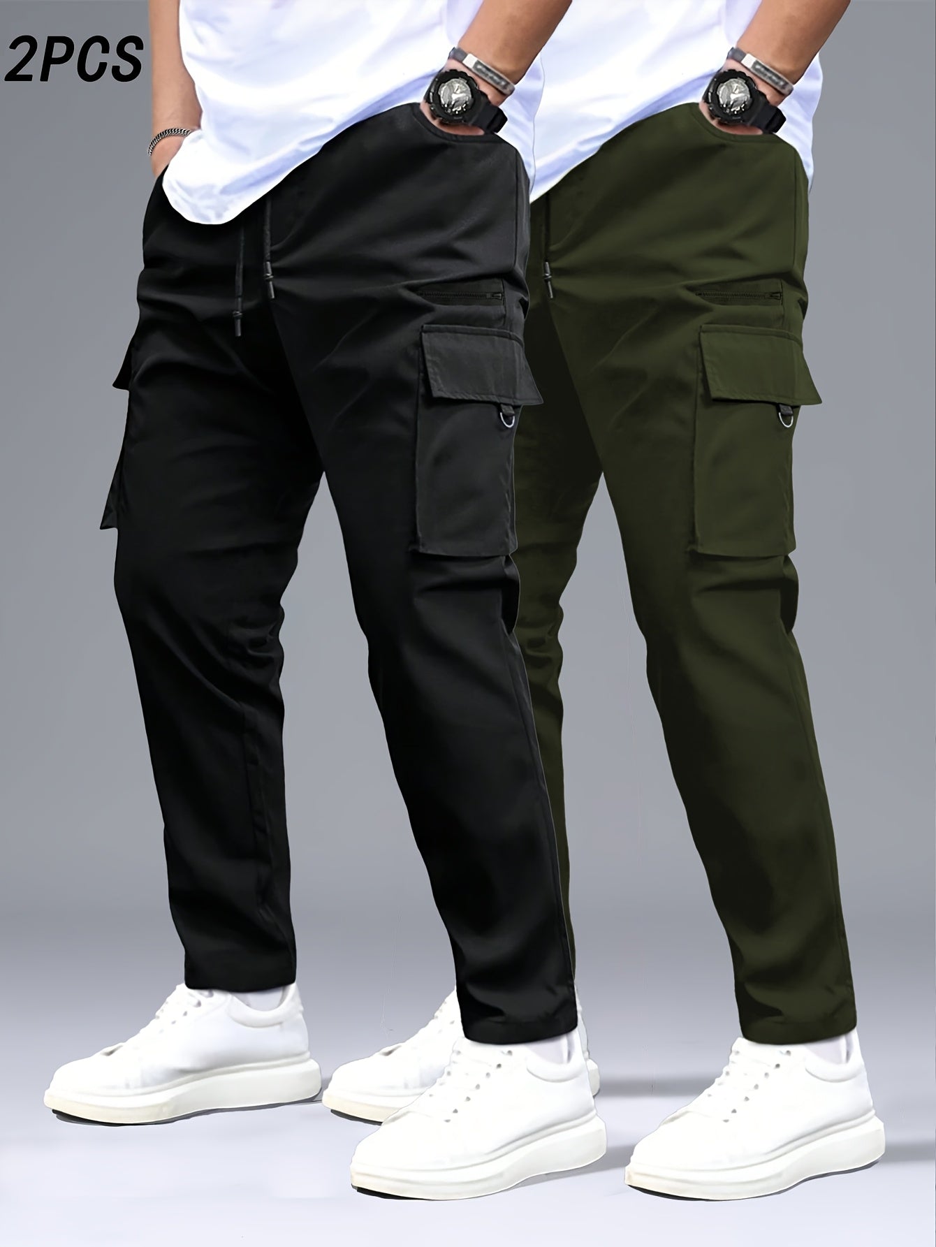 2pcs Men's Heavy-Duty Pants with Multi- Cargo Pants - Solid Color - Outdoor Pants, Belt Loops & Drawstring Waist, Machine Washable for,, Casual Wear (Regular Fit)
