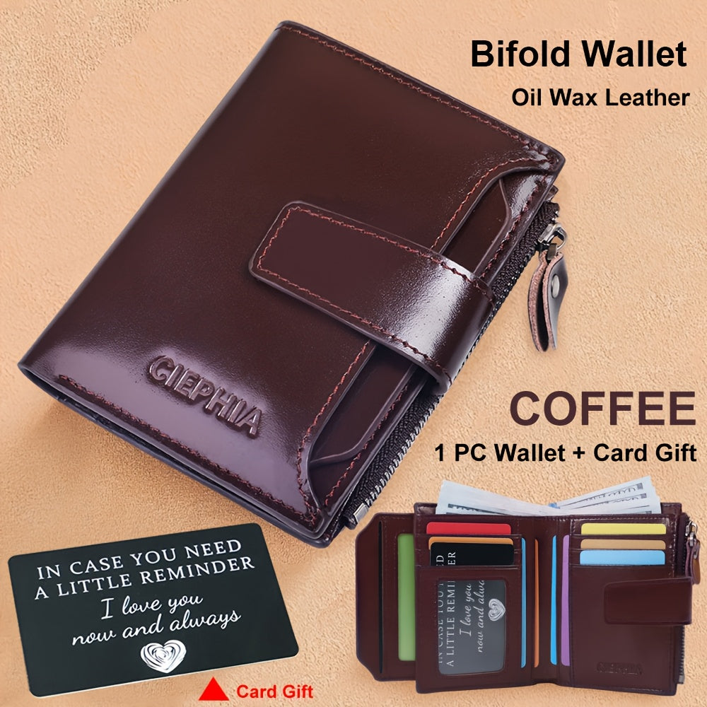 CIEPHIA Men's Vintage RFID Blocking Wallet - Genuine Leather -Theft Billfold with Zipper Coin Pocket, 14 Card Holder, 2 ID Window & SD/ SIM, 2 Driver ID Holder - Leather for Christmas Valentine's/Father's Day Gift for Men Set Includes a Greeting Card