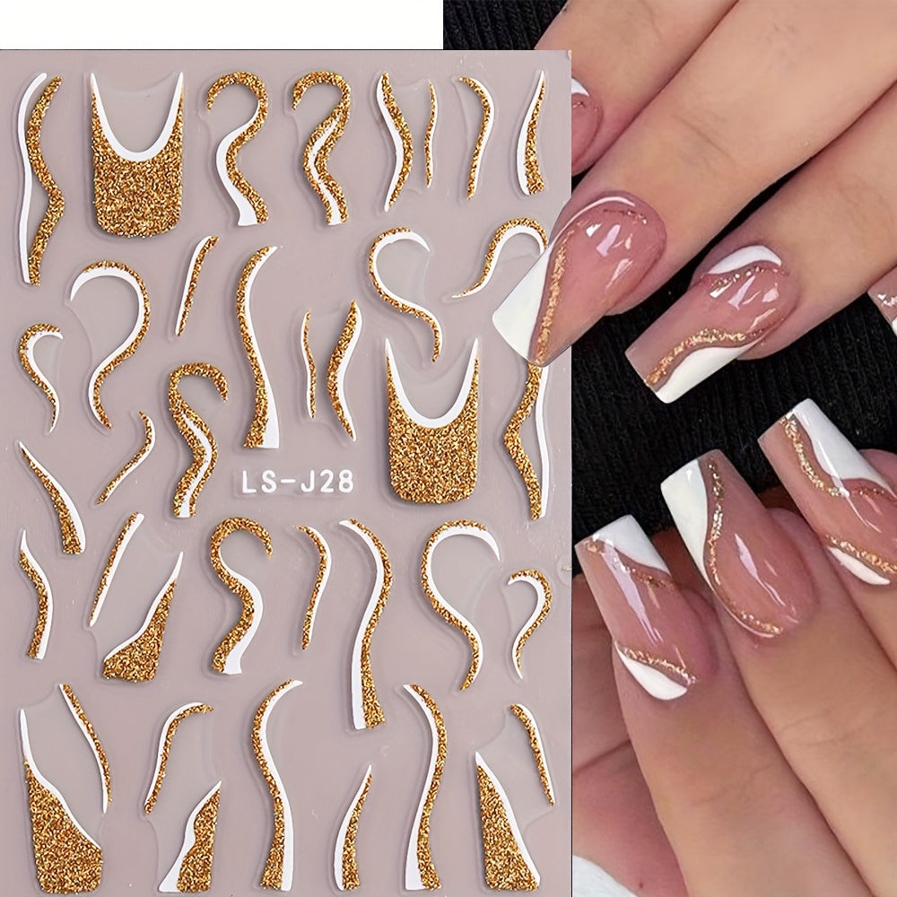 French Golden Silvery Glitter Ribbon Nail Stickers, Simple Nail Art Decals, Self-adhesive, Matte Finish, Unscented, Fantasy Theme, Irregular Shape, Paper Material, Single Use