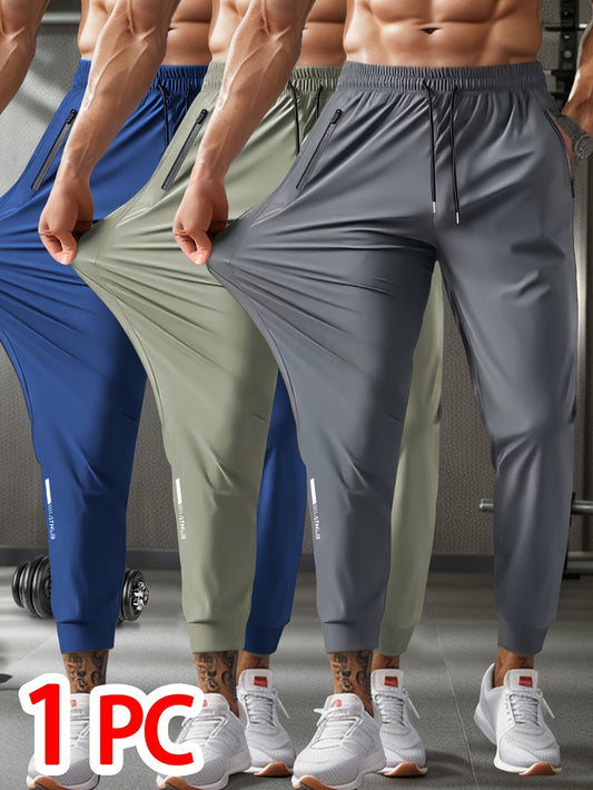 1pc Men'S Breathable Ice High-Elasticity Fabric Jogger with Drawstring Waist, Zipper Pockets - Casual Sports Cropped Pants for Weekend Wear, Solid Color, Regular Fit, Weekend Casual Wear| casual sporty style| drawstring Waistban