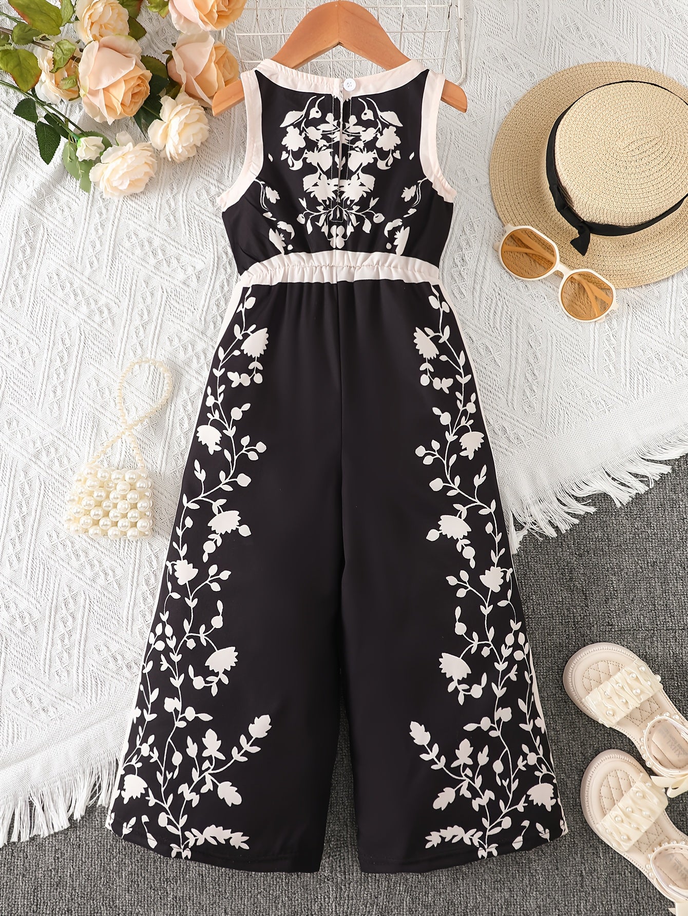 Girls' Summer Casual Fashion Sleeveless Elastic Waist Jumpsuit with Floral Digital Print, Back Button Closure, Wide-Leg Pants for Leisure and Vacation, Gift, Perfect for Outdoor
