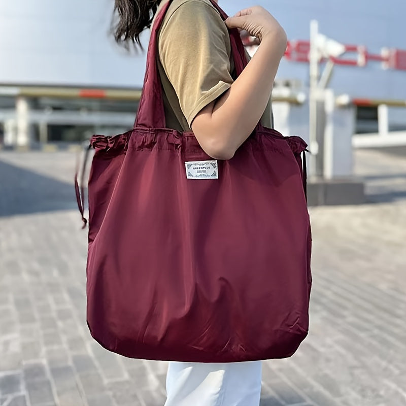 Large Reusable Women's Drawstring Tote Bag, Foldable Shoulder Shopping Bag with Washable Design for Grocery Shopping