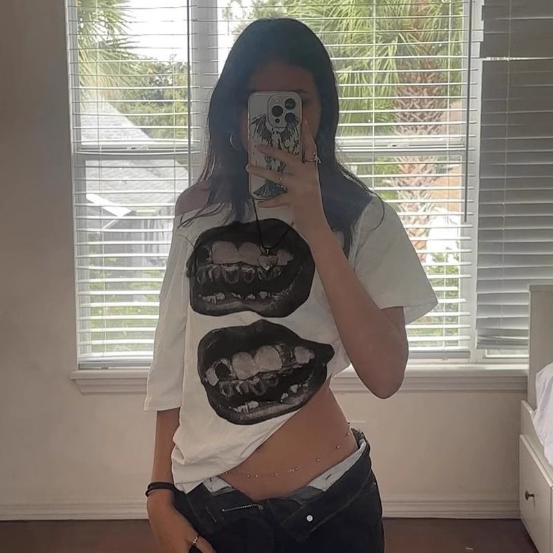 Korean version pullover pure cotton Spice Girl slanted shoulder short sleeve fashion printing loose casual top summer women's wear women's clothing