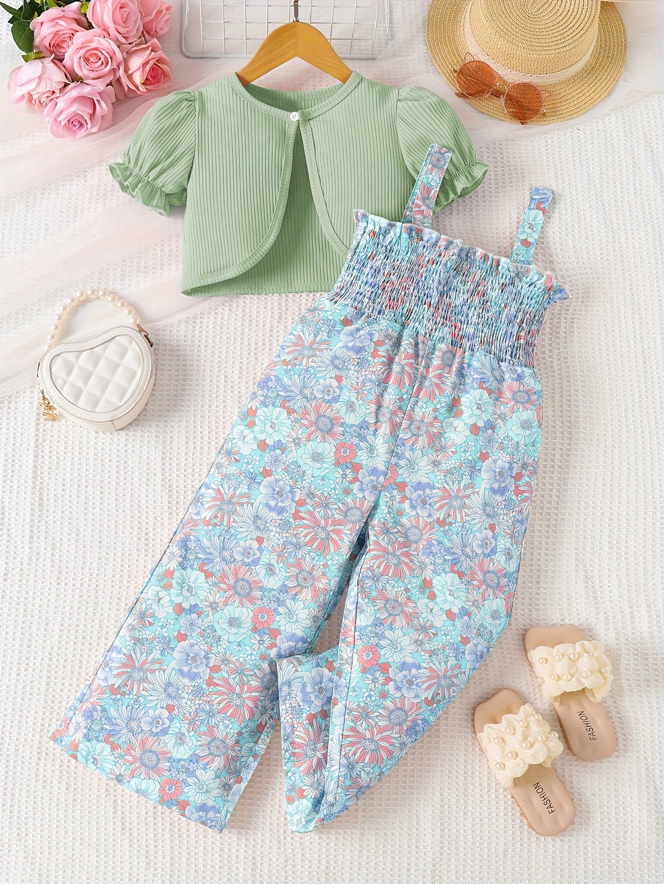 Suit Summer Floral Print Pleated Suspender Jumpsuit Plus Cardigan Jacket Two-Piece Set