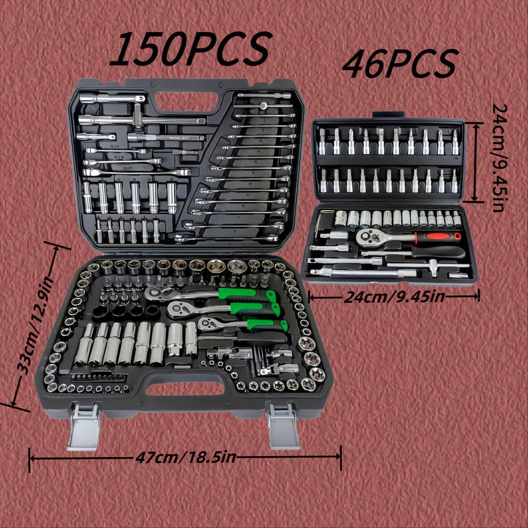 46/150-Pcs Tool Kit, Includes High-Quality, Durable, and Easy-to-Use 1/2”, 1/4”, 3/8” SAE and Metric Sizes, Sockets, Ratchet Torque Wrench, and Multi-Function Screwdriver Set - Suitable for Automotive, Home Repairs, Boat, Garage, and Bicycle Trunk