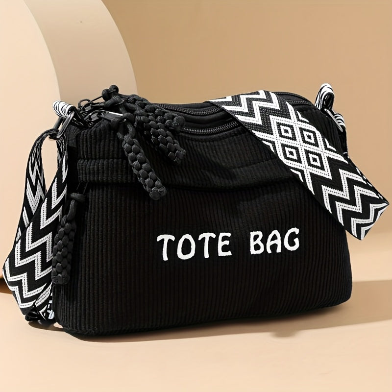 Fashion Corduroy Tote Bag with Letter Print, Multi-compartment Multiple Zippers Adjustable Strap, Ideal for Daily Use Shopping & Outings, Great Gift Option