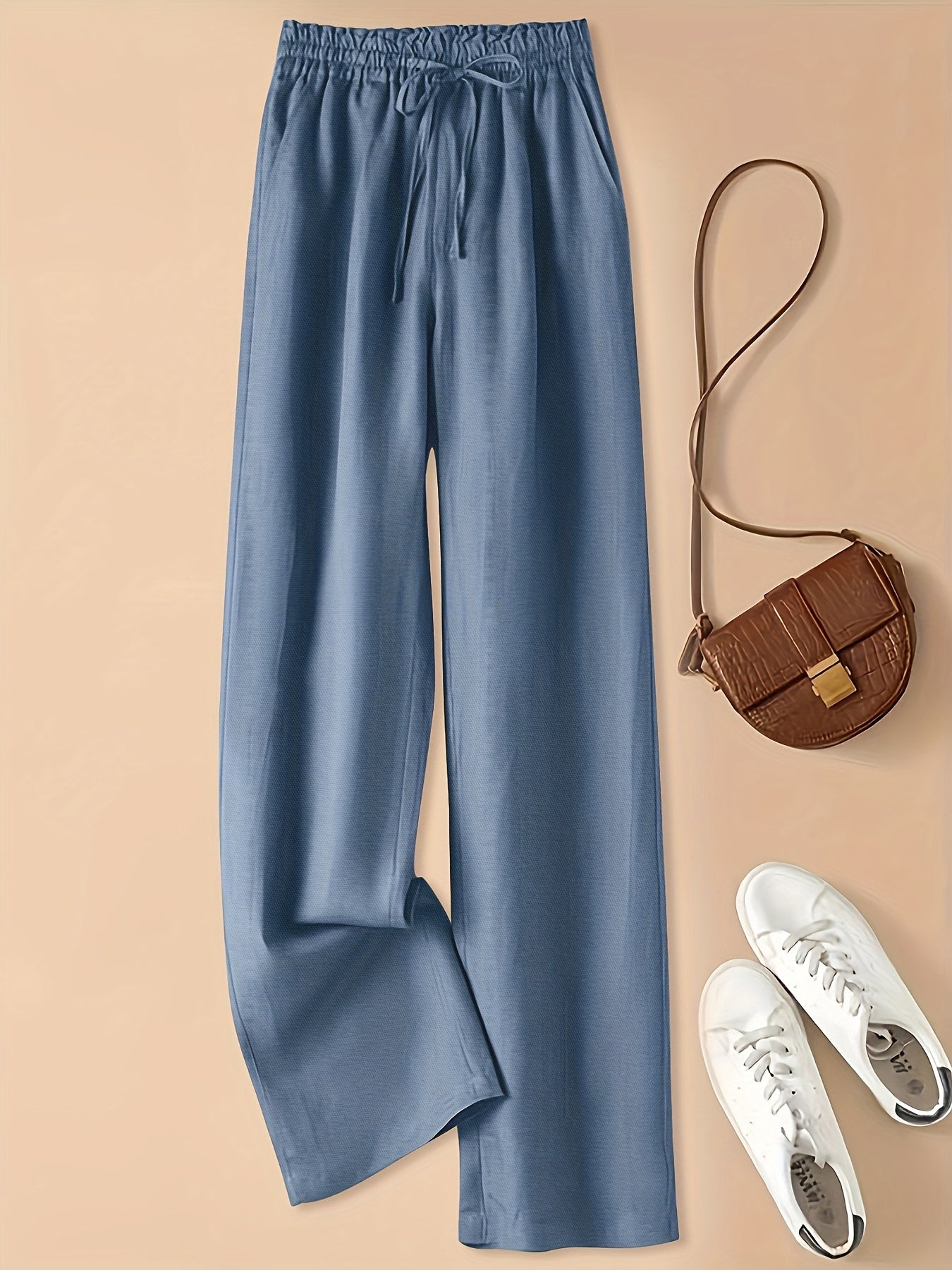 Vintage Loose-Fit Thin-Linen Wide-Leg Pants for Women, High-Waisted with Elastic Waistband and Drawstring, Artistic Casual Straight-Leg Trousers