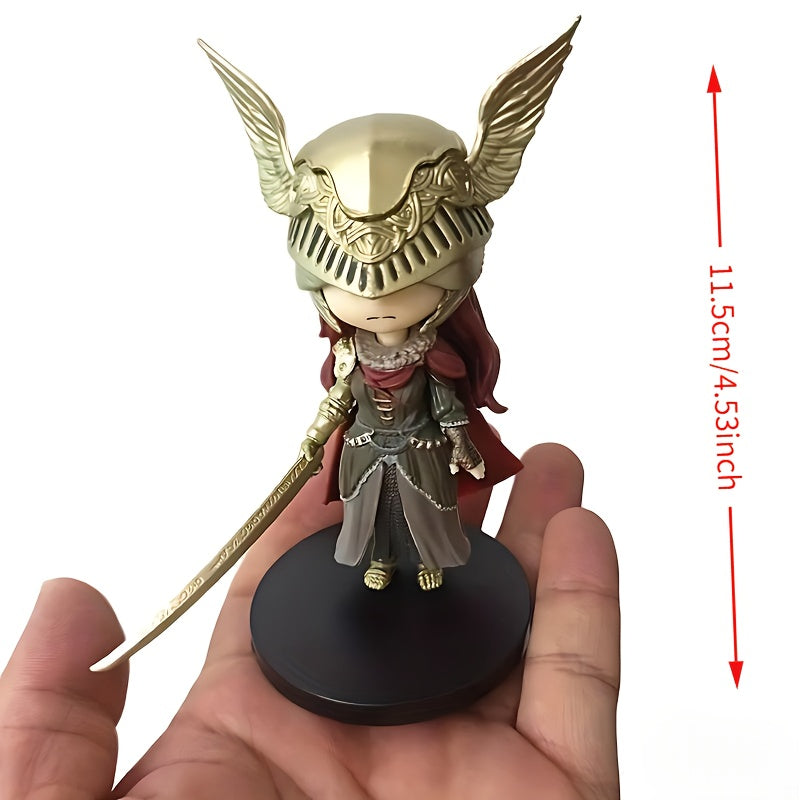 Collectible Figure of a Chibi Character in Anime Style, Featuring Golden Helmet Armor And Red Hair, Designed with a Sword And Intricate Details