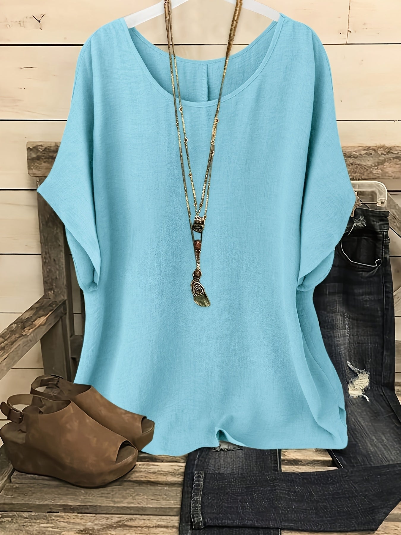 Casual Women'S Summer Top | Crew Neck, Short Sleeves, Loose Fit, Solid Color, Machine Washable, Ideal for Beach And Vacation Outings