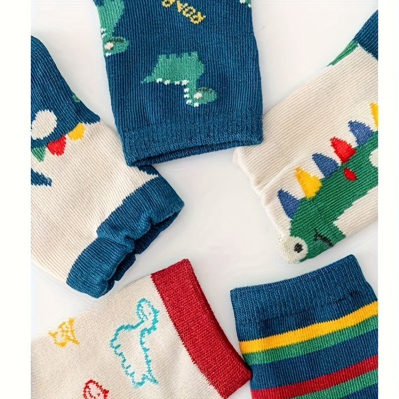5 Pairs of Cartoon Dinosaur 5 Pairs of Boys Casual Fashion Knitted Breathable Sailor Socks Print Socks Socks, Boys Socks
